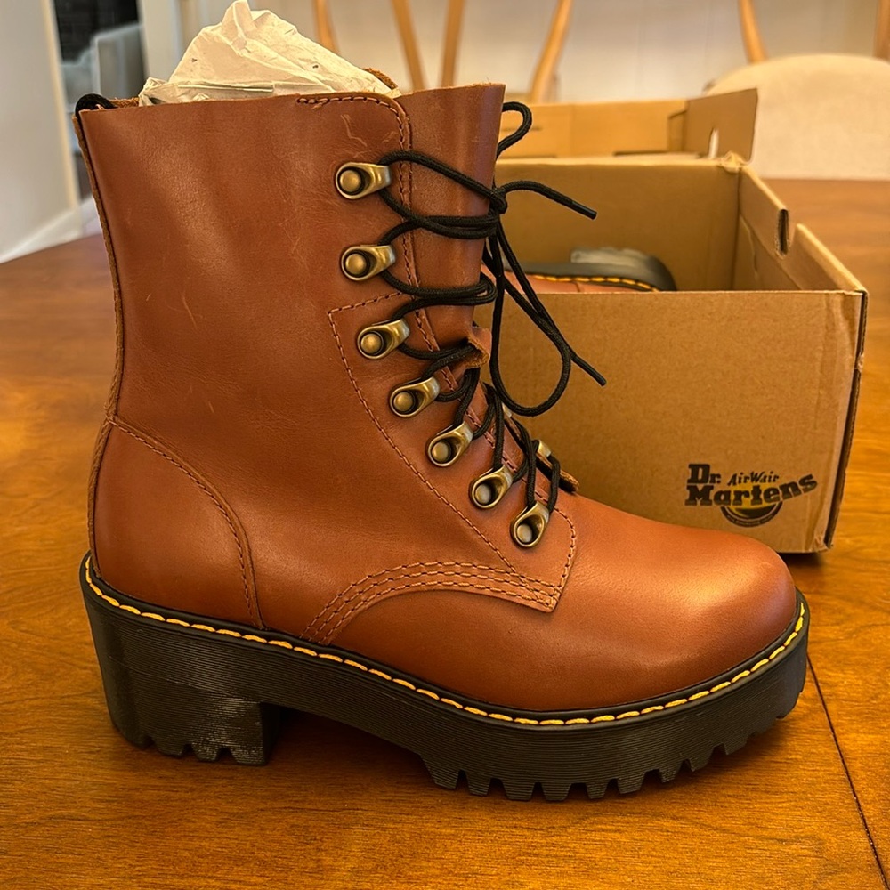 Dr. Martens Leona boots in Saddle Tan. Brand new in box.